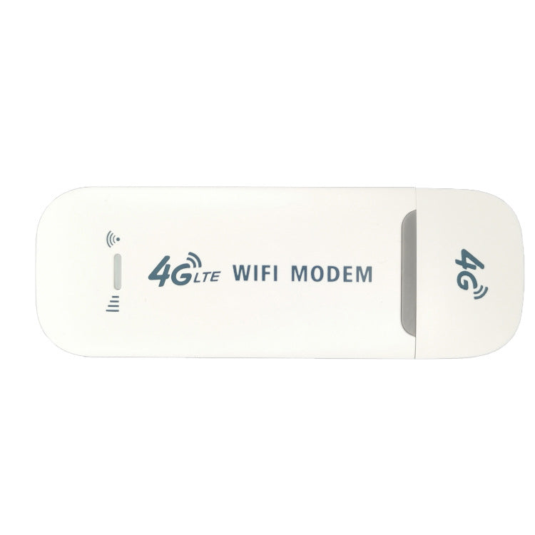 Balta, stačiakampė 4G LTE WiFi modemo lazdelė su užrašais.