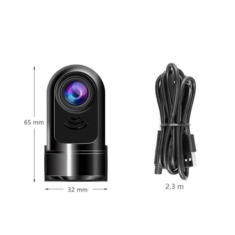 Juodas, blizgus, cilindro formos fotoaparatas su objektyvu ir ilgu USB laidu.