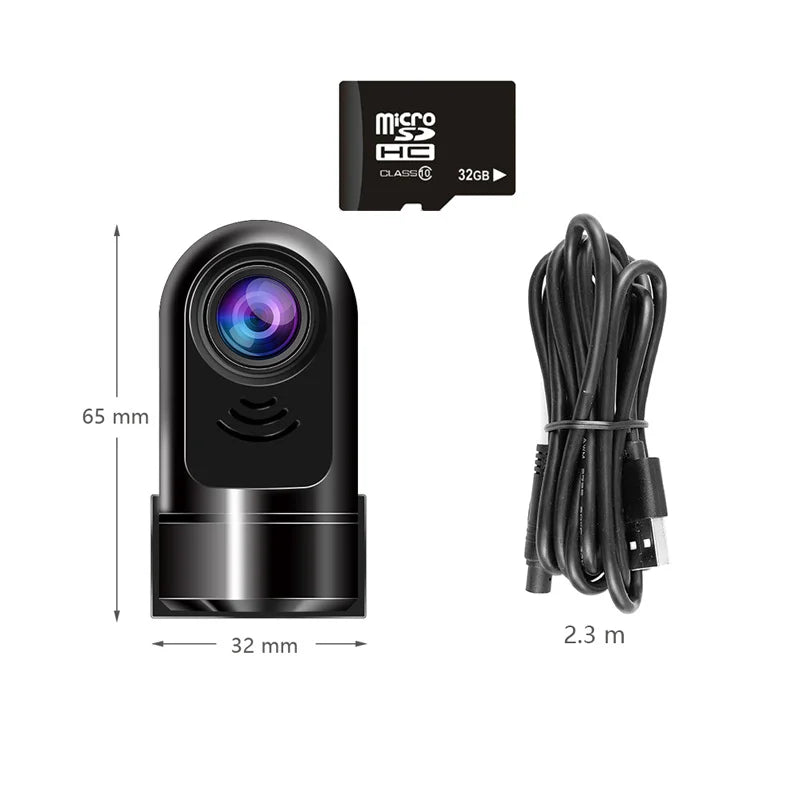 Juodas cilindrinis fotoaparatas, microSD kortelė ir USB laidas.