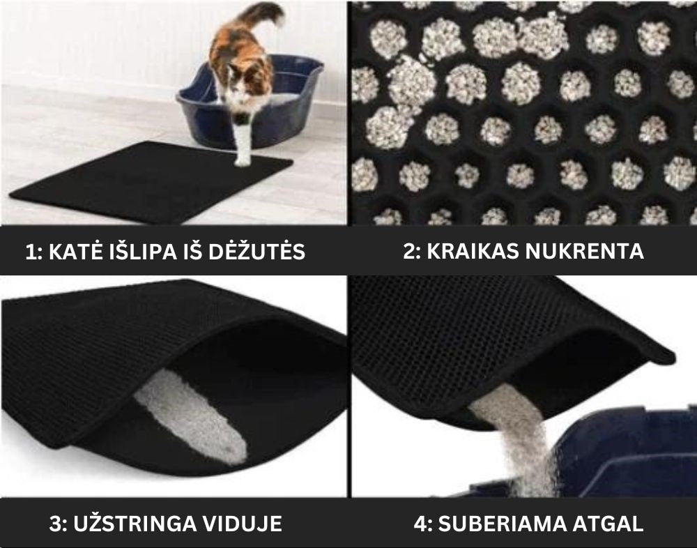 Juodas, tekstūruotas kilimėlis, skirtas katėms, su skylutėmis kraiko surinkimui.