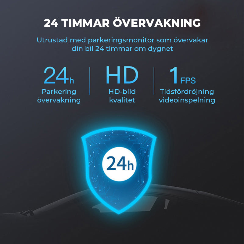Mėlynas skydas su "24h" tekstu, juodas fonas, šviesos efektai.