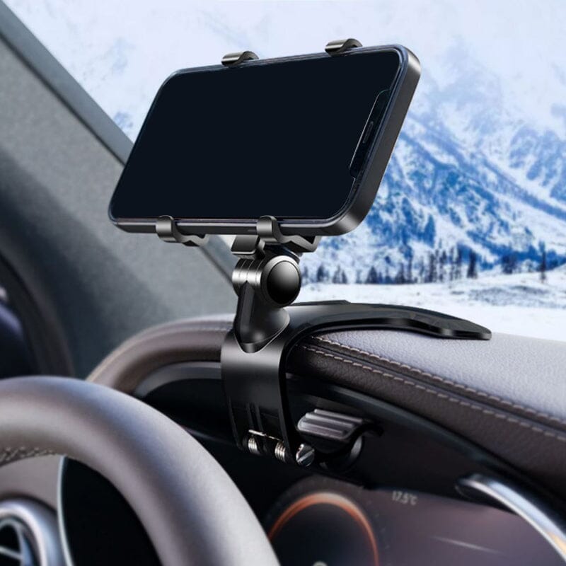 Automobilinis telefono laikiklis, juodas, tvirtas, montuojamas ant prietaisų skydelio.