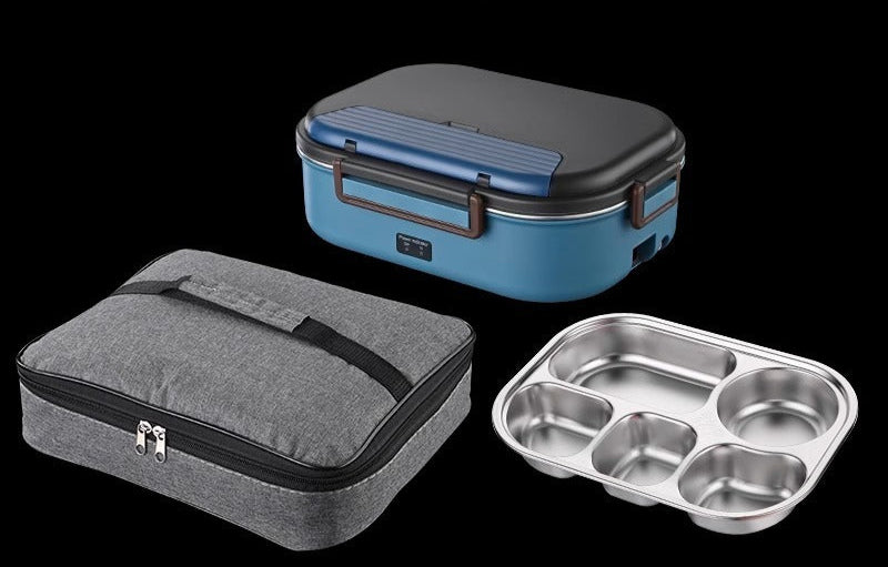 Mėlynas elektrinis indas, pilkas audinio krepšys ir metalinė lėkštė su skyriais.