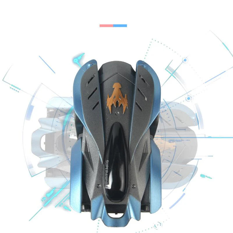 Mėlynas ir juodas futuristinis žaislas, lygus paviršius, aerodinaminė forma.