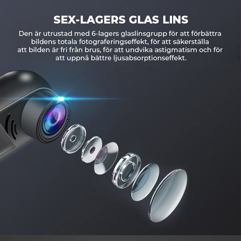 Objektyvo lęšiai, juodi ir skaidrūs, su mėlynu atspalviu, lygūs ir blizgūs.