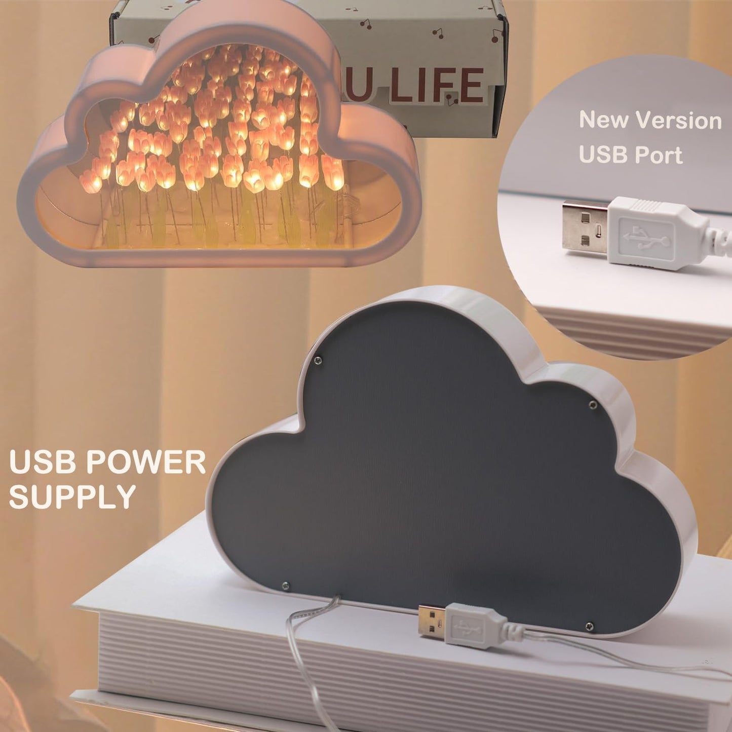Debesu formos lempa, balta, su USB jungtimi, šilta šviesa.