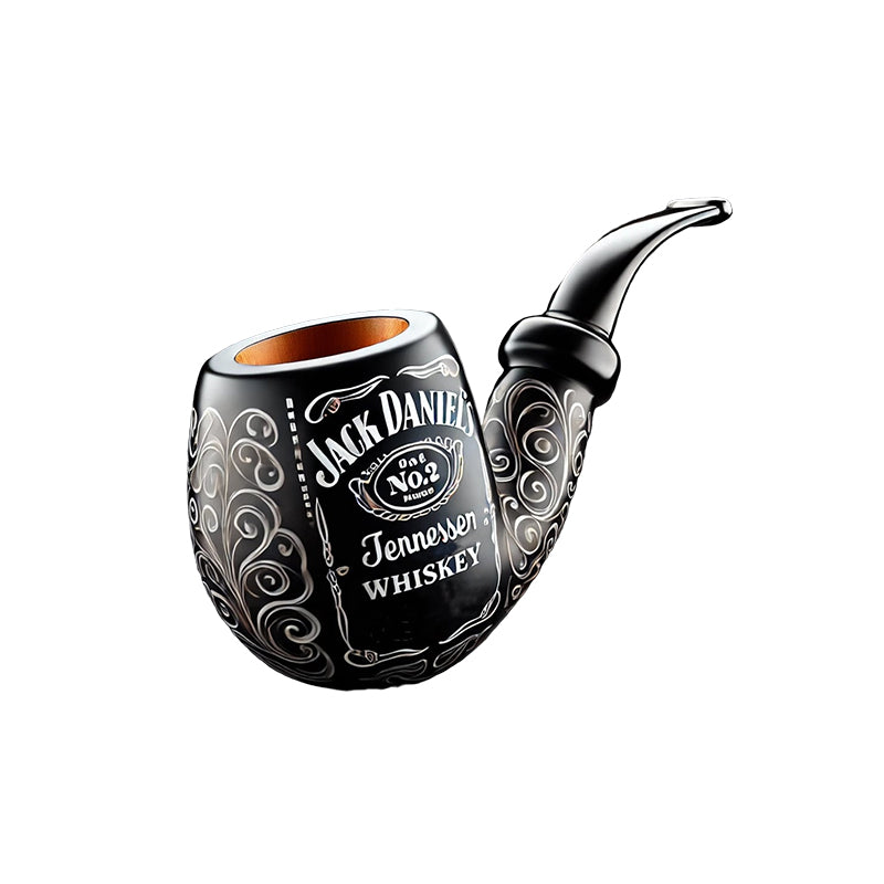 Juoda pypkė su baltais raštais ir Jack Daniel's logotipu.