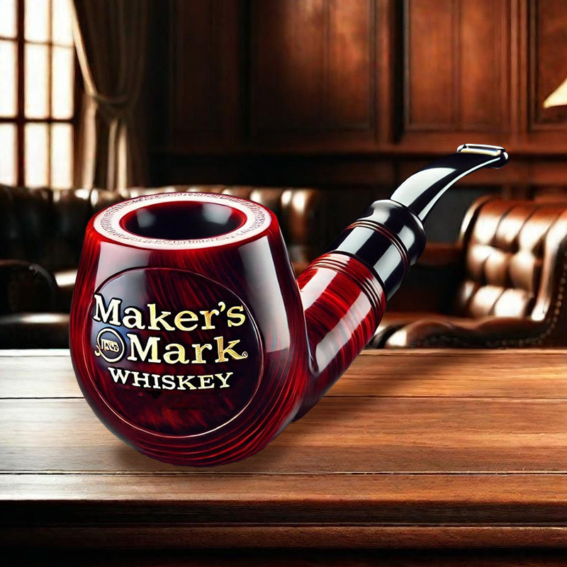 Raudonas, blizgus pypkės formos butelis su Maker's Mark logotipu, medinė tekstūra.
