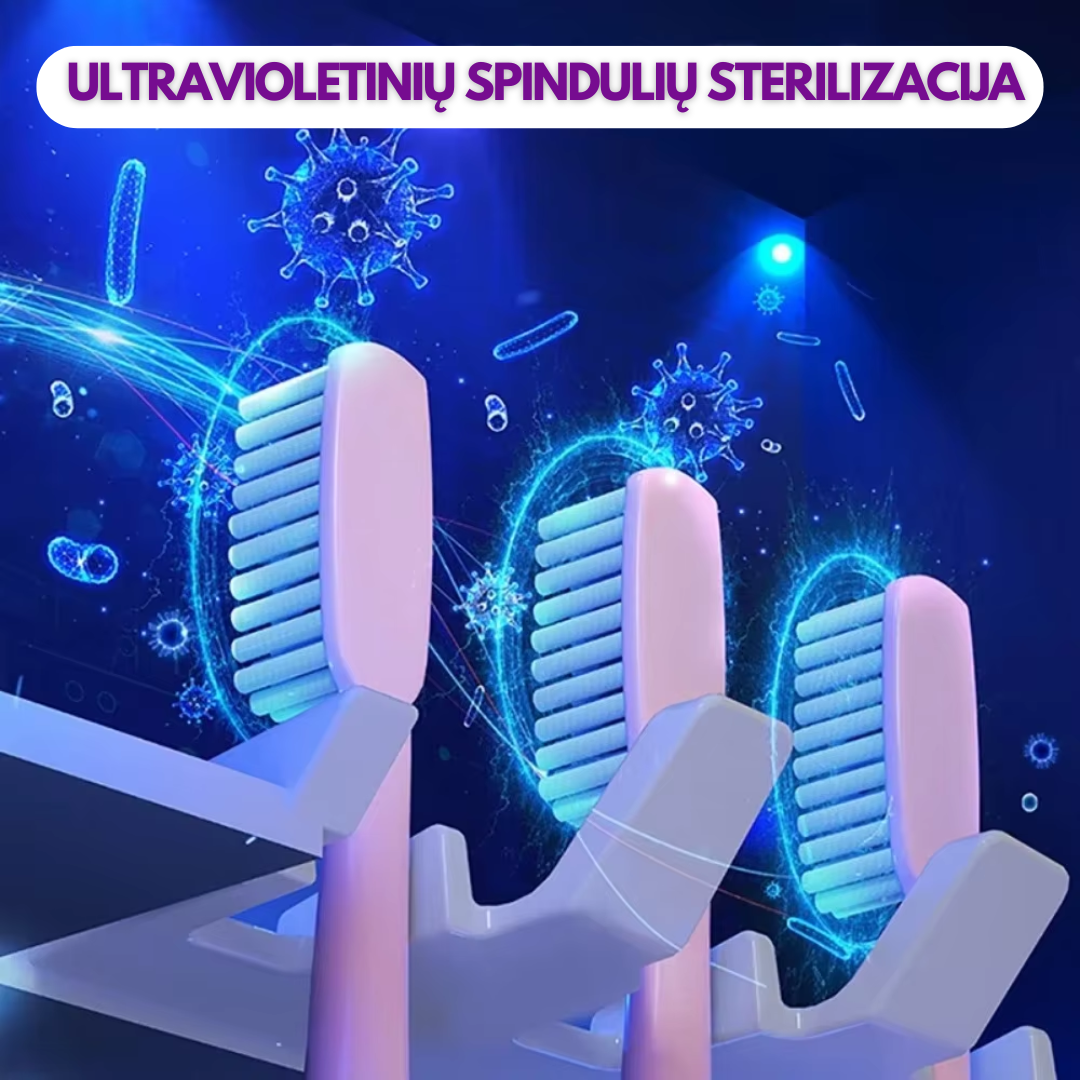Inovatyvus dantų higienos įrenginys su UV sterilizatoriumi ir dantų pastos dozatoriumi
