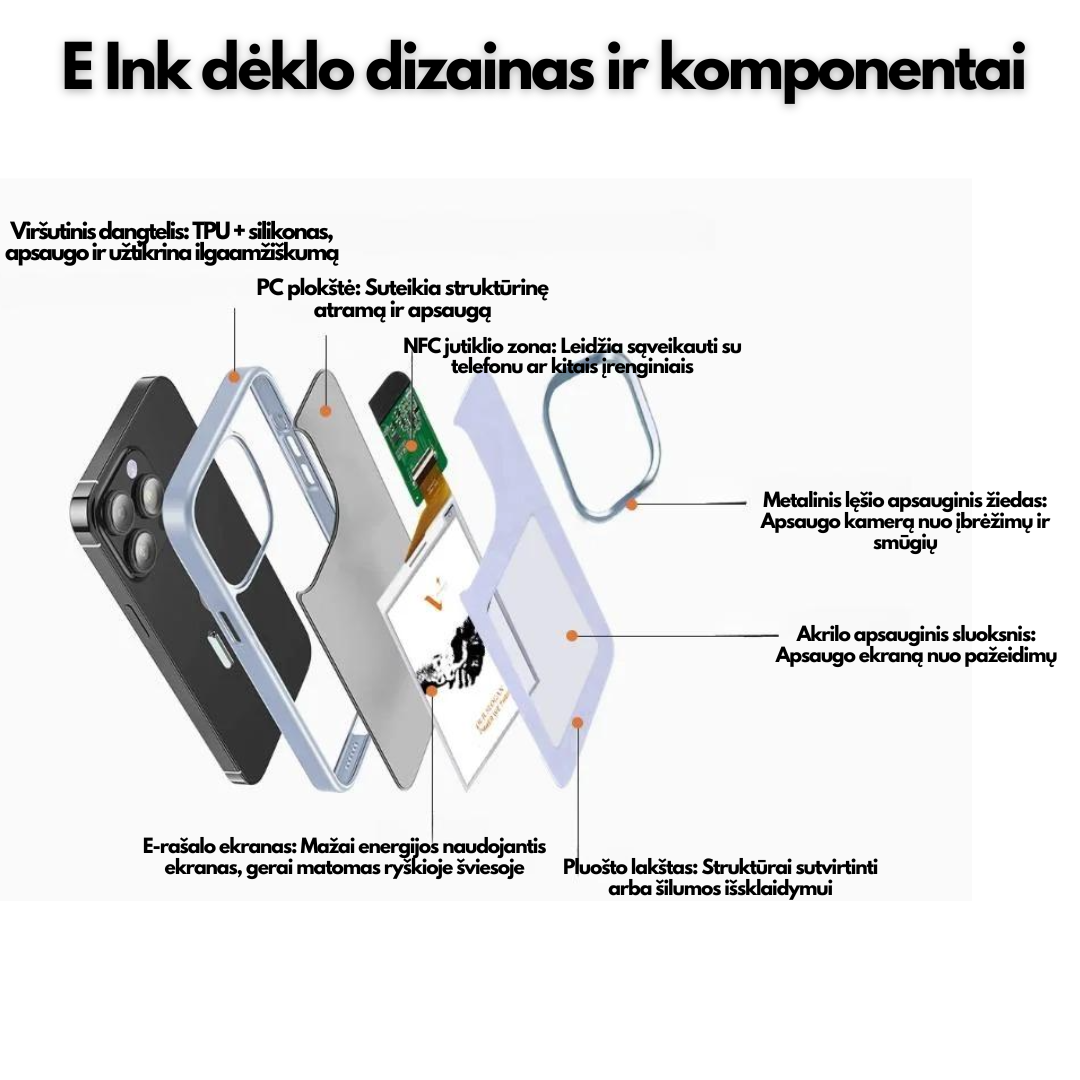 Išmanusis E-ink™ telefono dėkliukas keičiantis nuotraukas