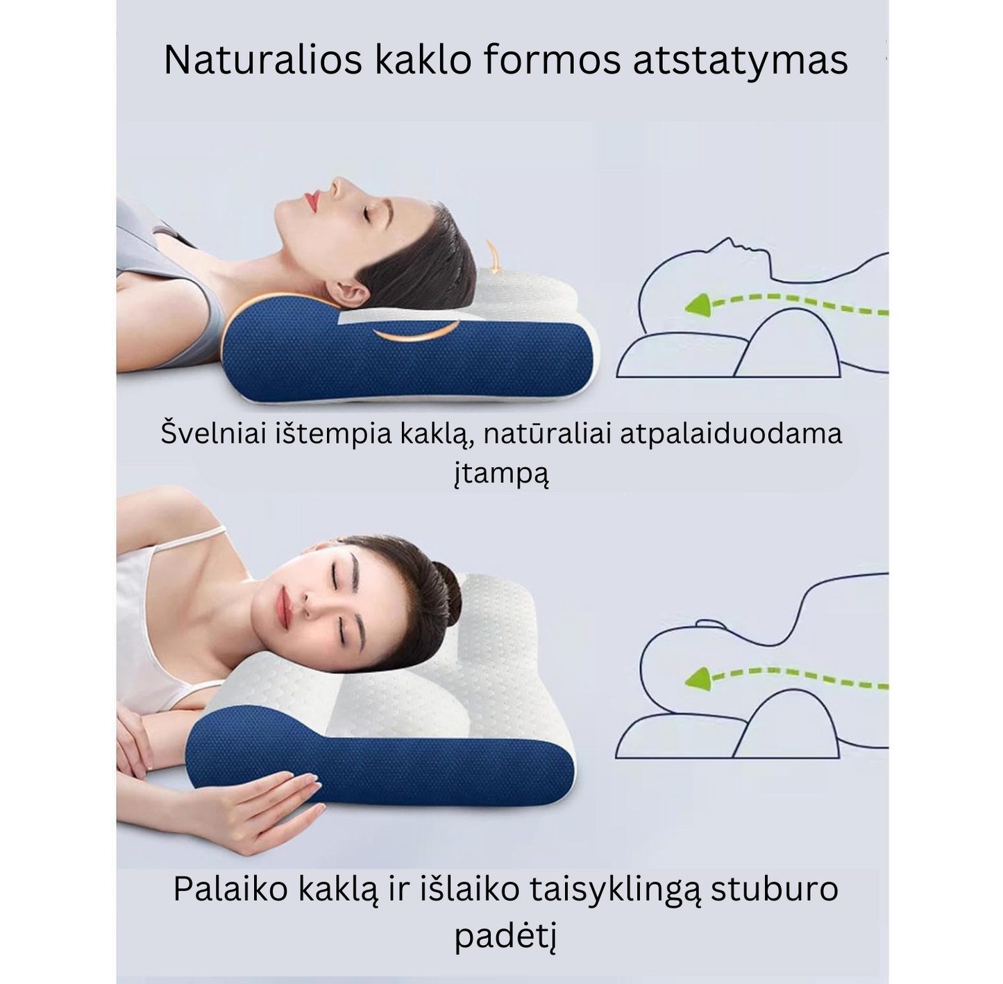 Moteris guli ant mėlynos ir baltos tekstūrinės pagalvės.