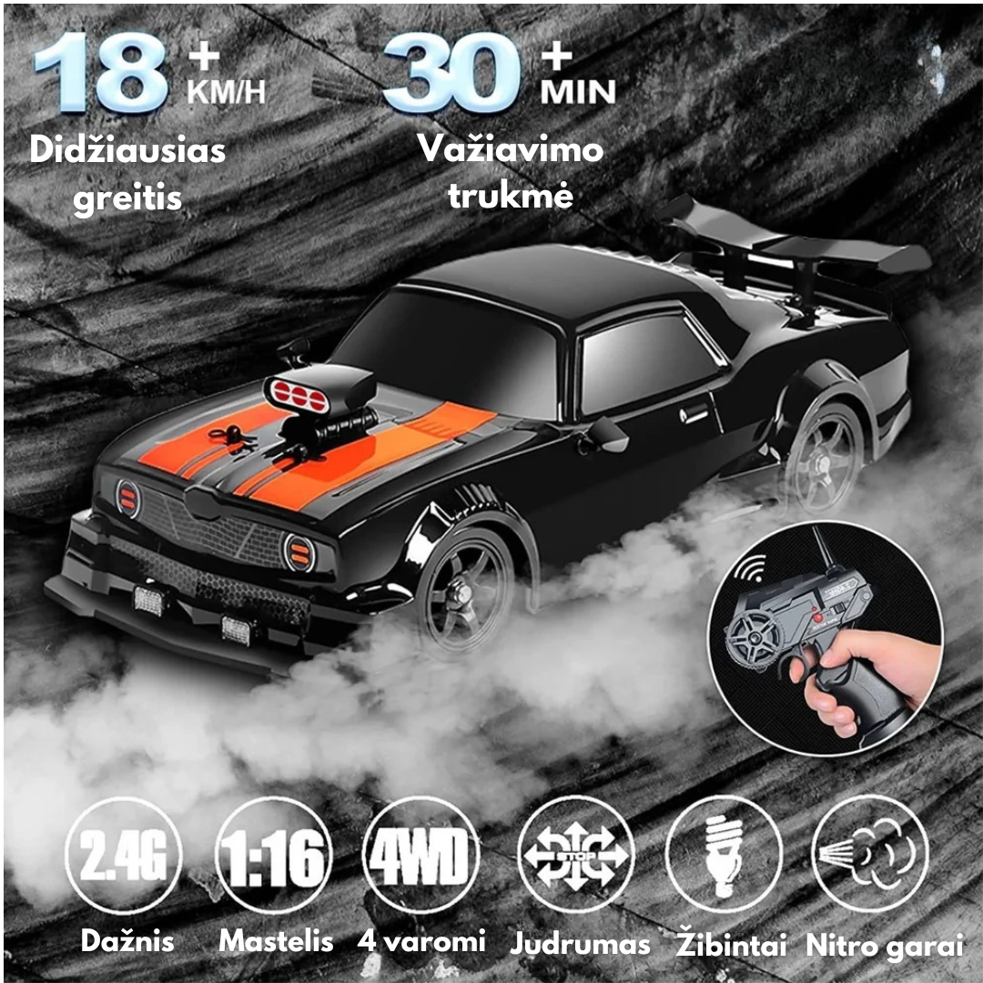 RC Drift Automobilis su LED Šviesomis ir Garų Efektu