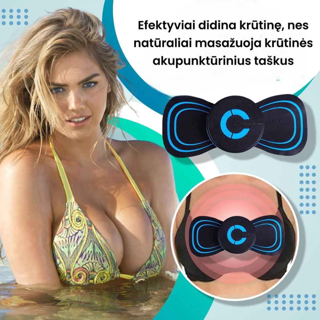 Juodas masažuoklis su mėlynomis detalėmis, ovalios formos, švelni tekstūra.