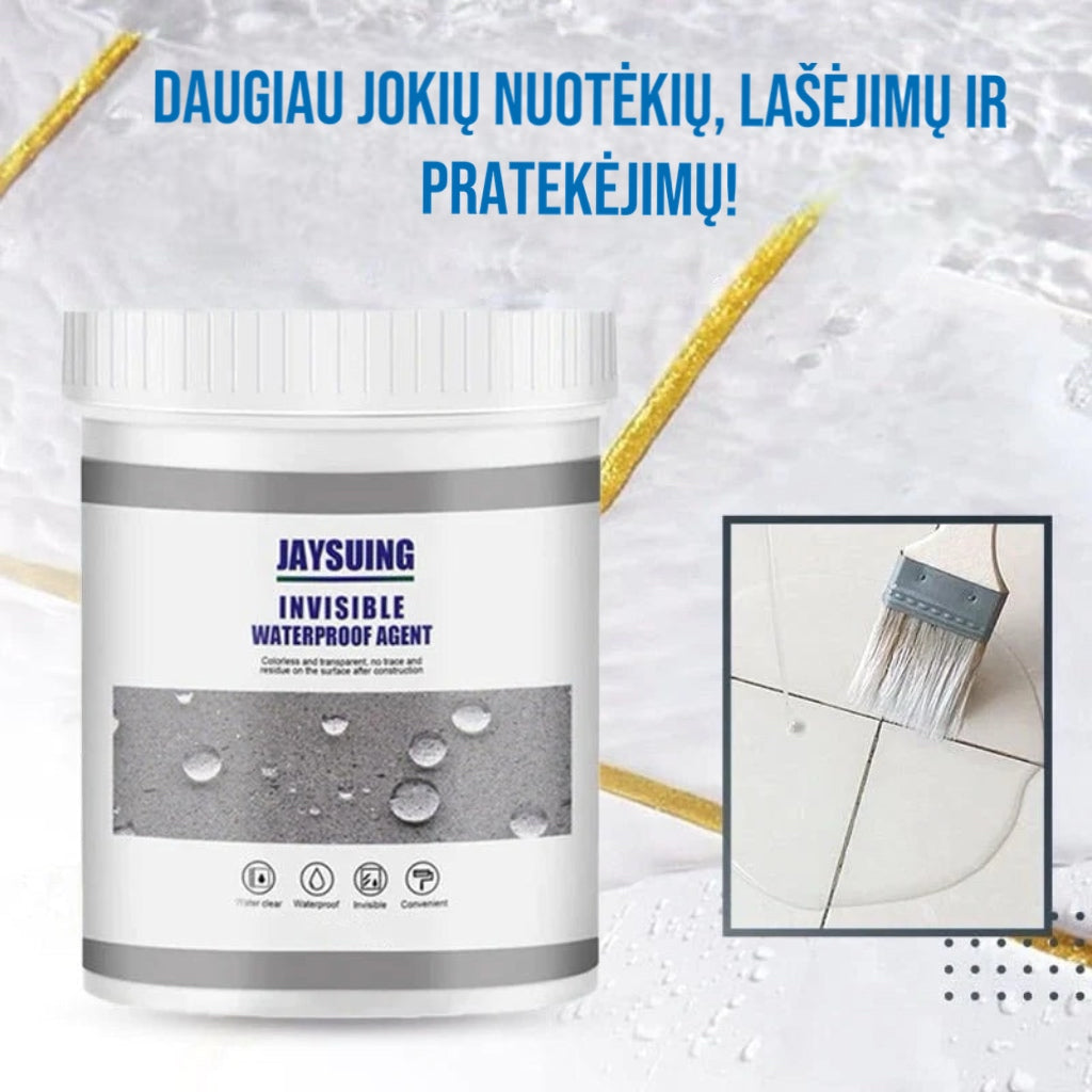 Balta plastikinė talpa su skaidriu vandeniui atspariu agentu ir šepetėliu.