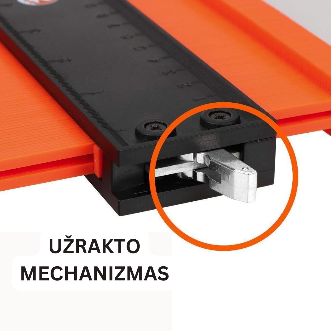 Juodas užrakto mechanizmas su sidabriniu metaliniu elementu, ant oranžinio pagrindo.