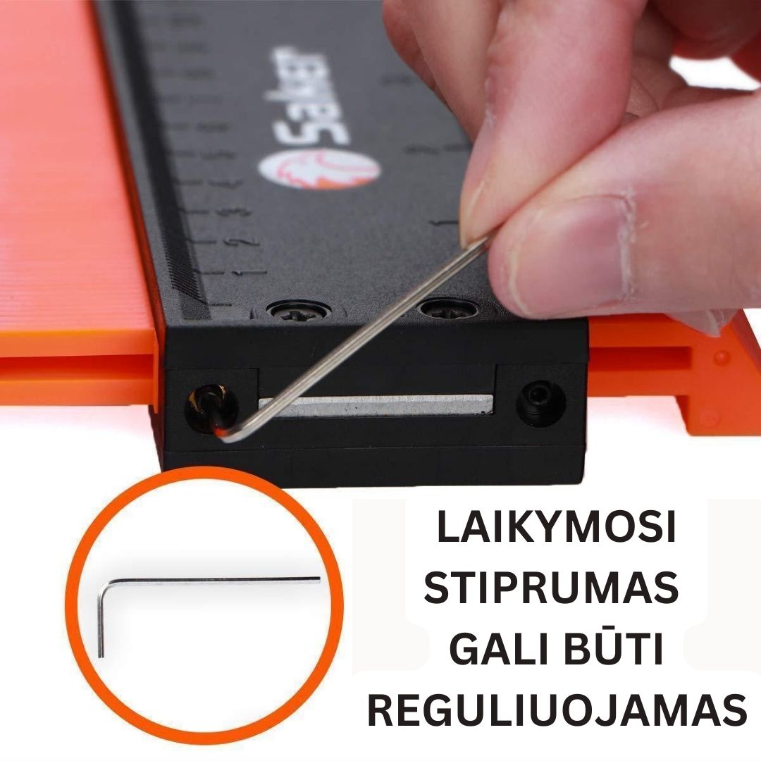 Juodas įrankis su oranžiniu akcentu, reguliuojamas laikymo stiprumas, metalinė detalė.