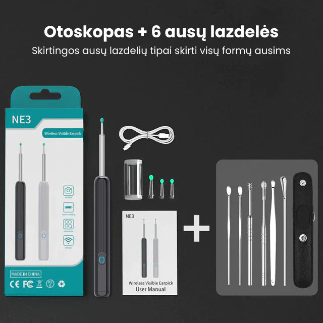 Otoskopas su šešiais metaliniais ausų lazdelėmis, juodos ir sidabrinės spalvos.