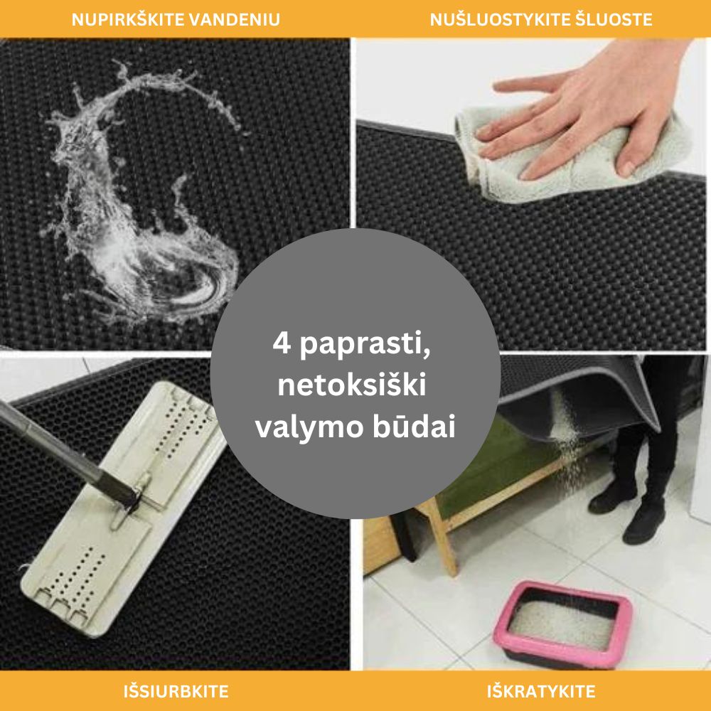 Juodas, gumuotas kilimėlis su tekstūruotu paviršiumi, rodo valymo metodus.