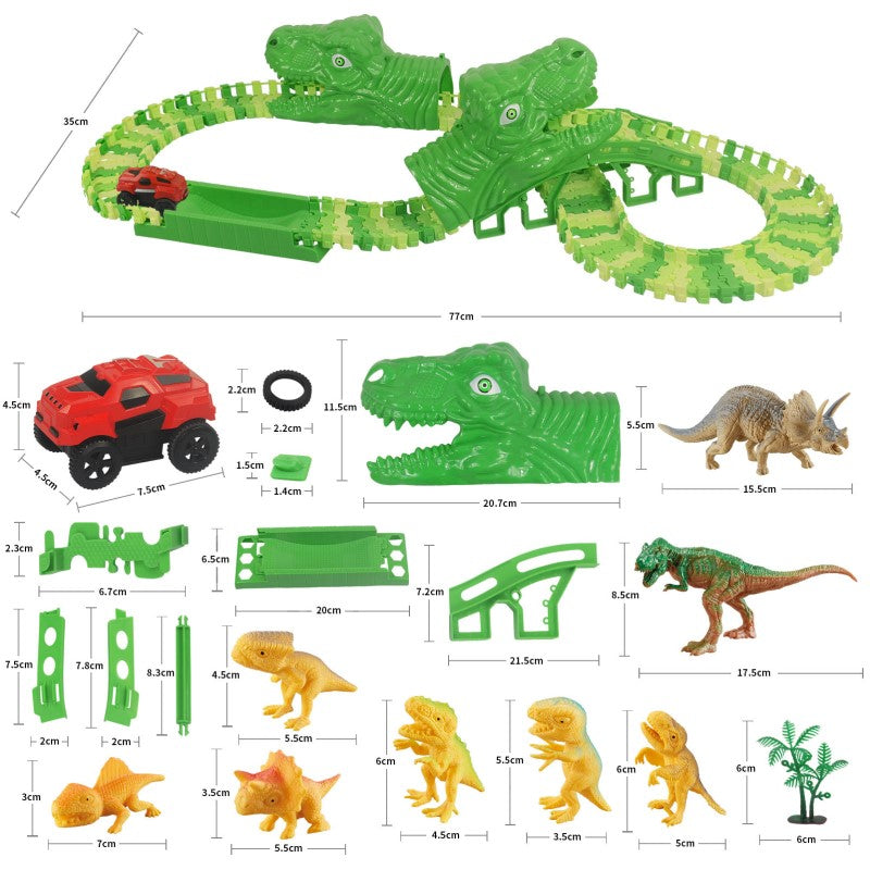 Žalias dinozaurų trasos rinkinys su raudonu automobiliu ir dinozaurų figūrėlėmis.