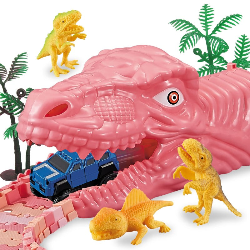 Rožinė dinozauro galva su žaisliniais dinozaurais ir mėlynu automobiliu.