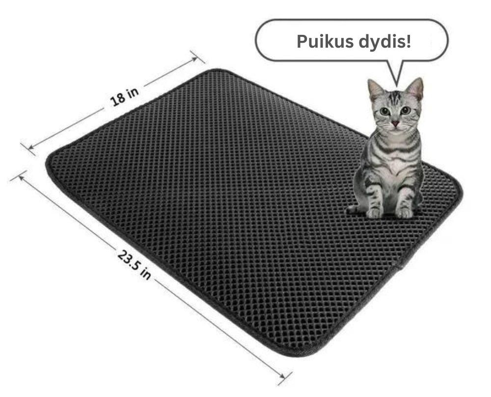 Juodas, tinklinis kilimėlis su matmenimis 18x23.5 colių, puikiai tinka katėms.