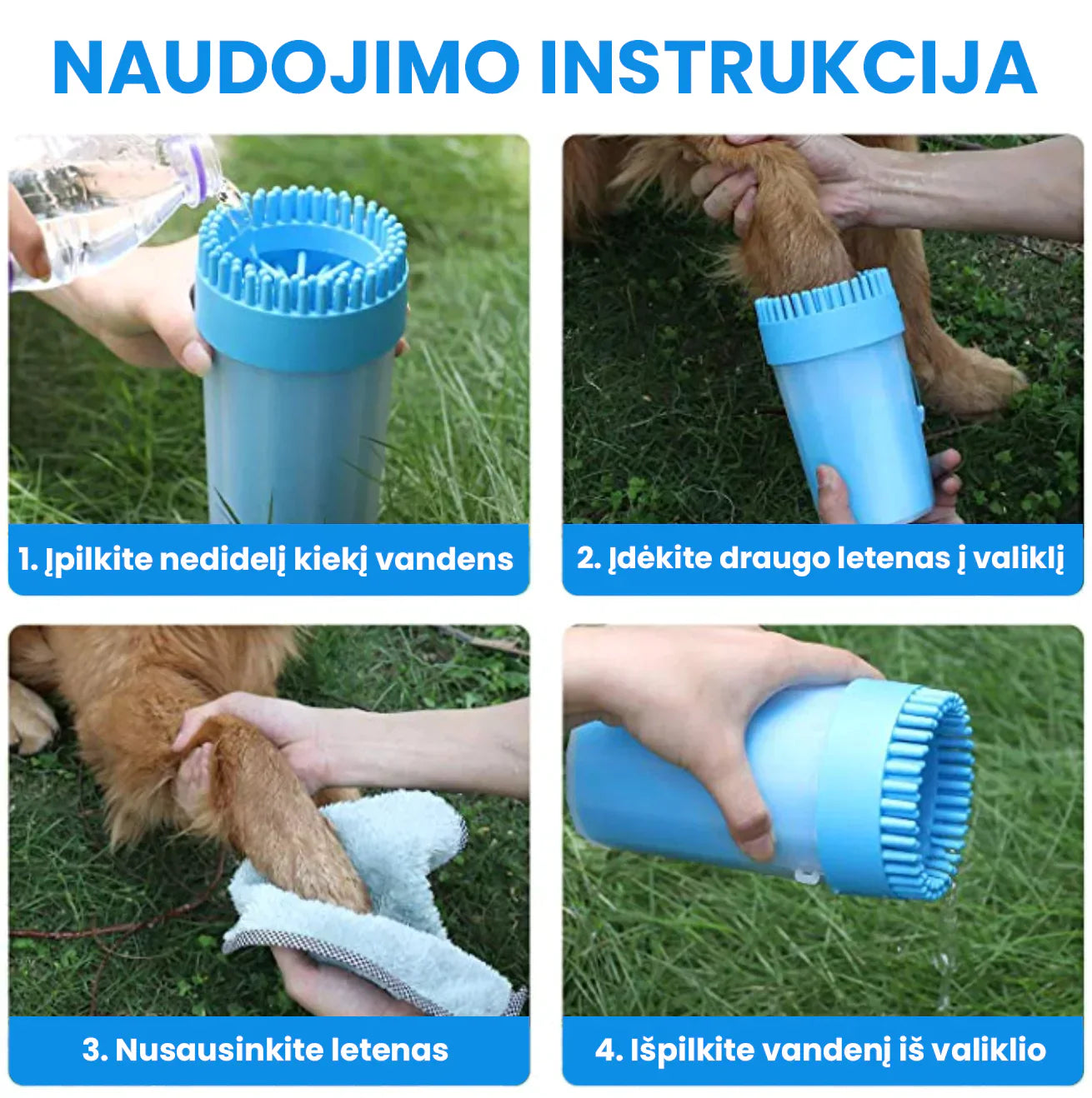 Mėlynas plastikinis valiklis su šeriais, naudojamas šunų letenoms plauti.