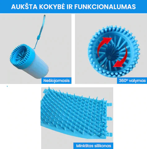 Mėlynas silikoninis valymo įrankis su iškiliais spygliukais, užtikrinantis efektyvų 360° valymą.