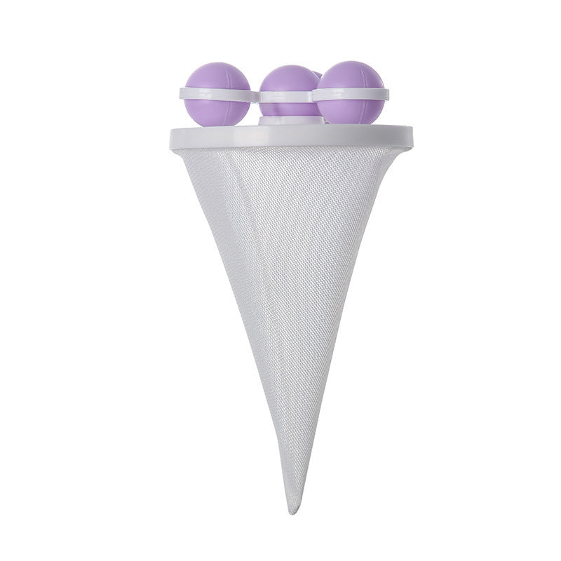 Balta kūgio formos tinklelis su trimis violetiniais rutuliais viršuje.