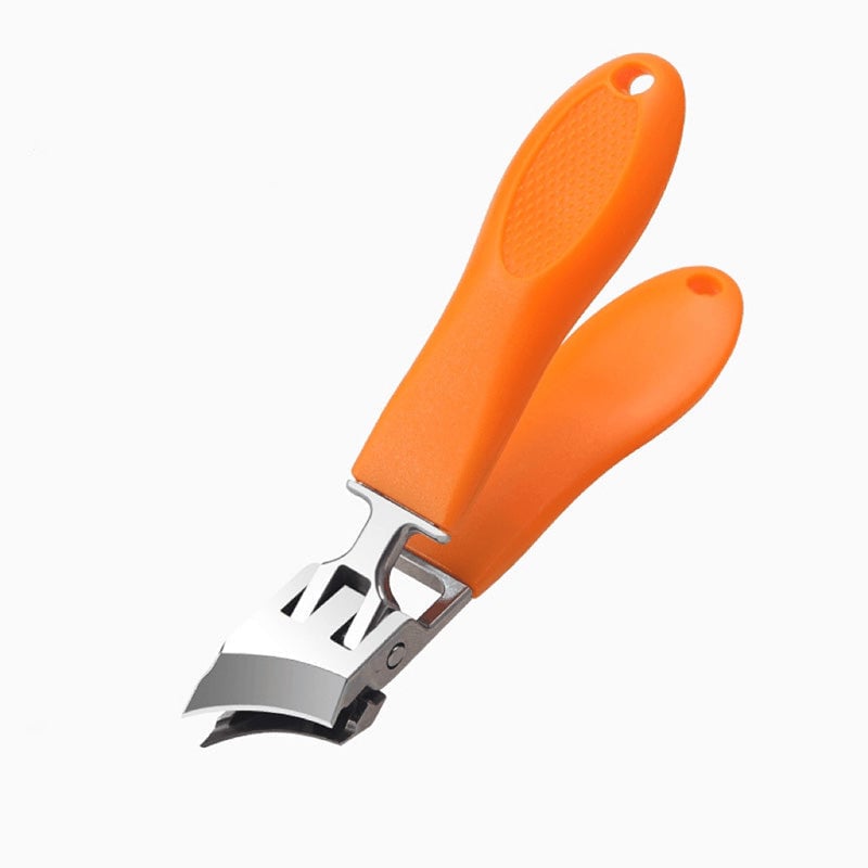 Oranžinis nagų kirpimo įrankis su metaliniu ašmeniu, tekstūruota rankena.