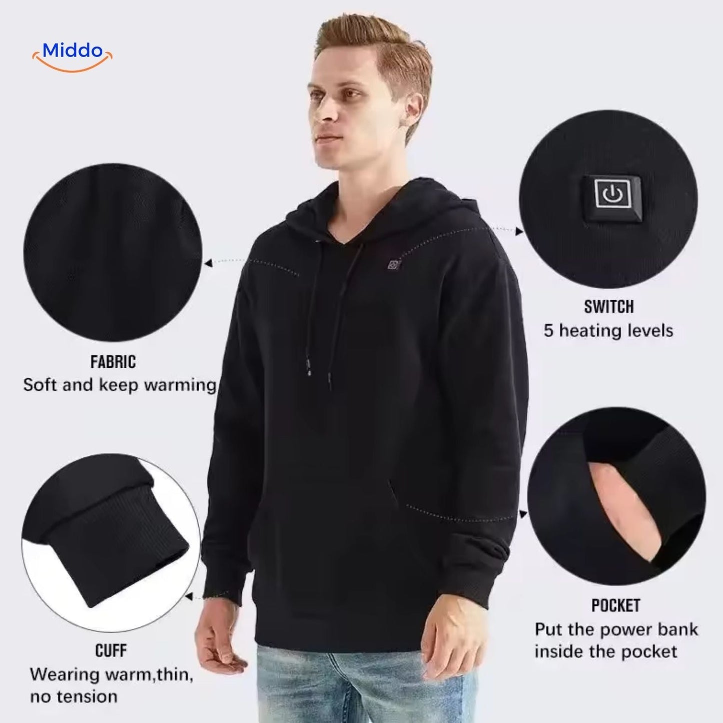 USB šildomas hoodie su reguliuojama šiluma
