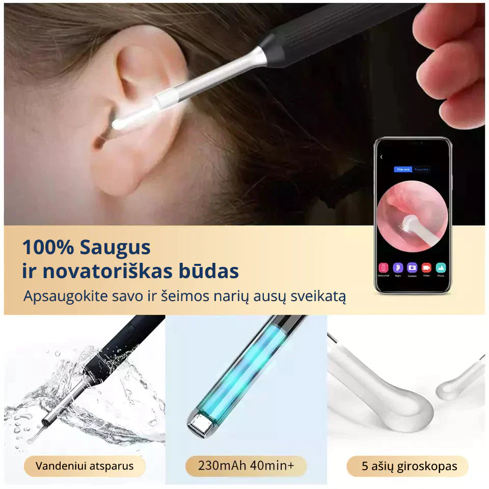 Aukštos kokybės ausų valymo įrankis, sidabrinis, su LED apšvietimu ir guminiu rankenėle.