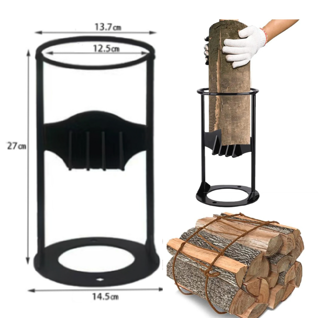 Juodas metalinis cilindras, medienos laikiklis, su rankena, šalia suskaldytos malkos.