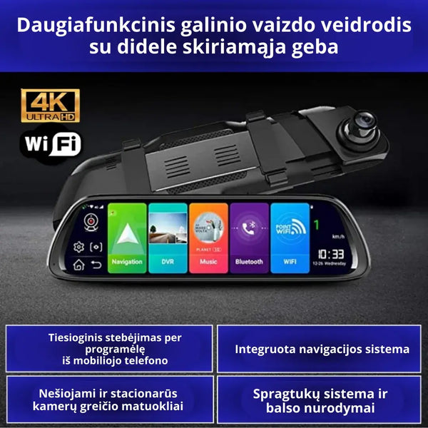„CarCam“ galinio vaizdo veidrodis su priekine ir galine kamera – bendras vaizdas