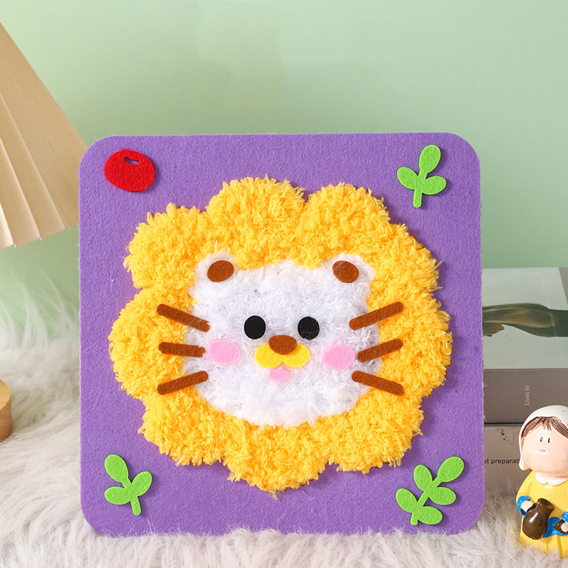 Violet square with fluffy yellow lion face, white center, and green leaf accents.