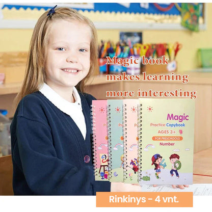 Besišypsanti mergaitė laiko keturias spiralines pratybų knygeles