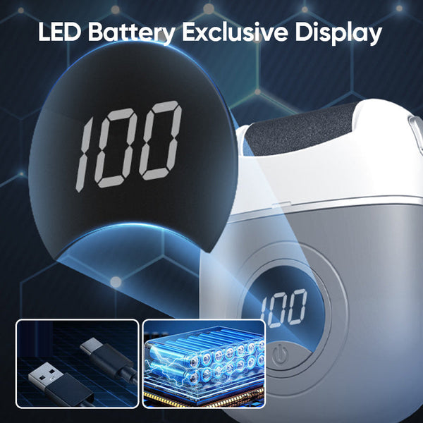 Pėdų šveitiklio LCD baterijos ekranas ir USB įkrovimo iliustracija