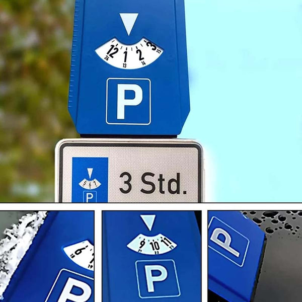 Mėlynas automobilio parkavimo laikrodis su ledo grandiklio funkcija