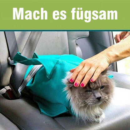 Katė žaliame nešimo krepšyje tvirtinama automobilio saugos diržu