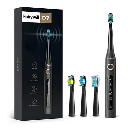 Juodas Fairywill elektrinis dantų šepetėlis su keturiais antgaliais