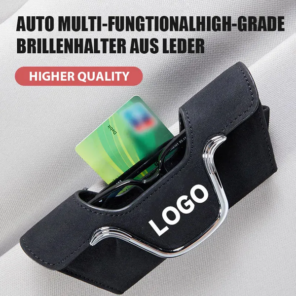 Juodas automobilinis akinių dėklas su akiniais ir kortelėmis