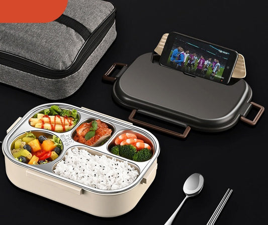 Daugiafunkcinis pietų dėklas su šviesiai pilku, metaliniu paviršiumi ir mobiliojo telefono laikikliu.