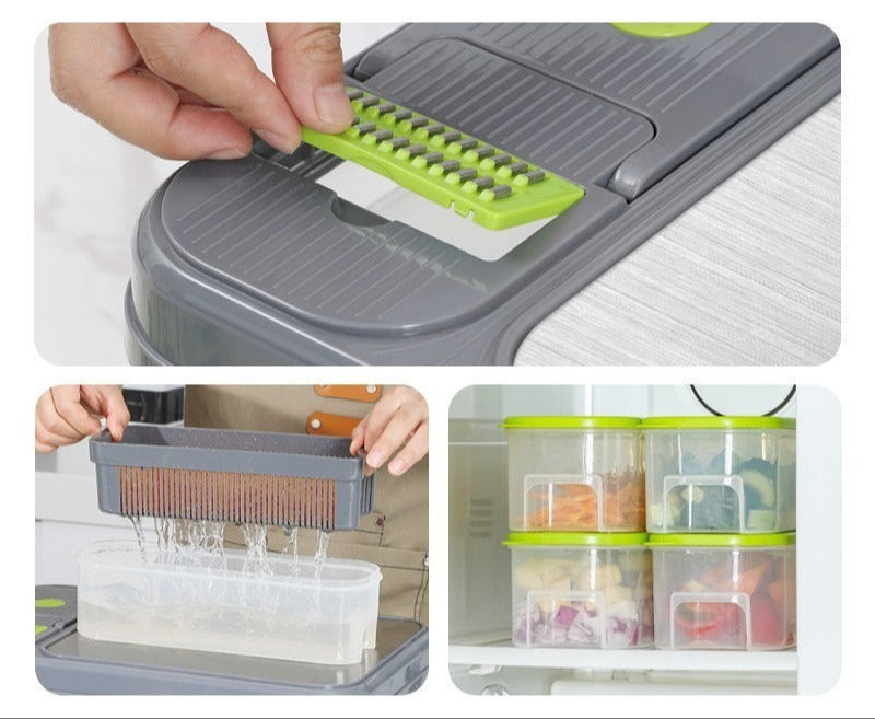 Žalias smulkintuvas su pilku korpusu, naudojamas daržovėms pjaustyti ir laikyti.