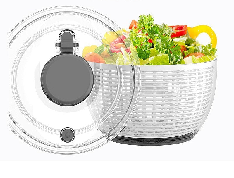 Skaidrus salotų džiovintuvas su baltu korpusu ir juodu pagrindu.