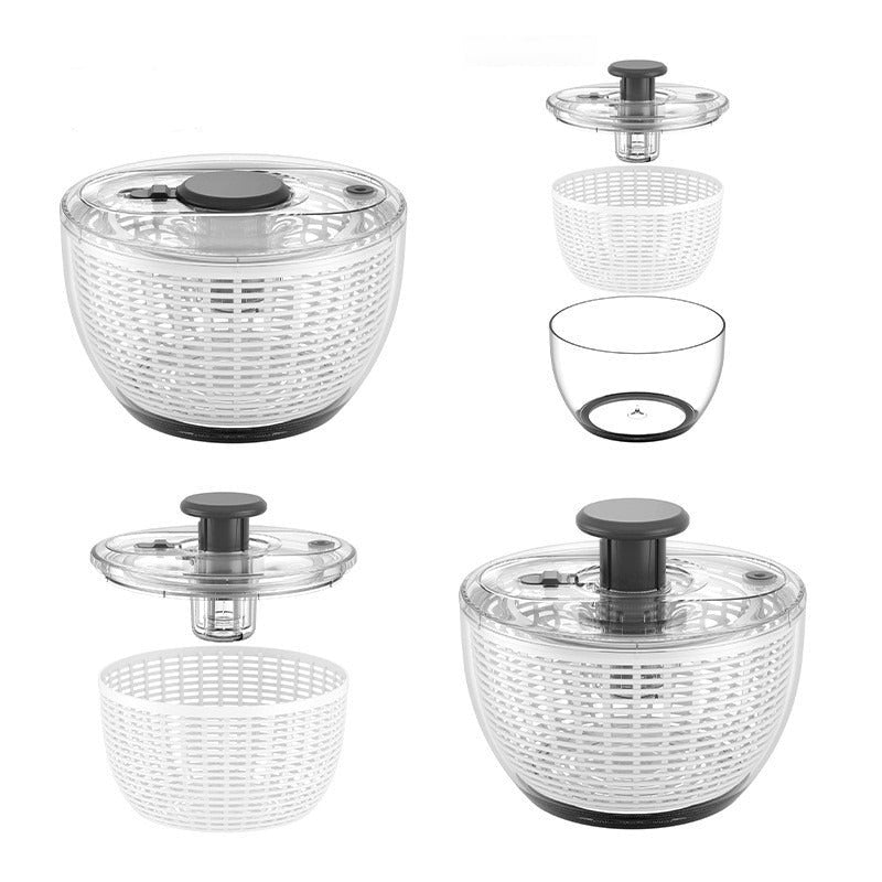 Permatomas plastikinis salotų džiovintuvas, apvalios formos, su tamsiai pilku dangteliu.