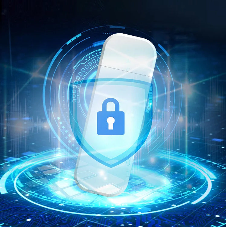 Balta USB atmintinė su mėlynu užraktu, futuristinis fonas, šviesos efektai.