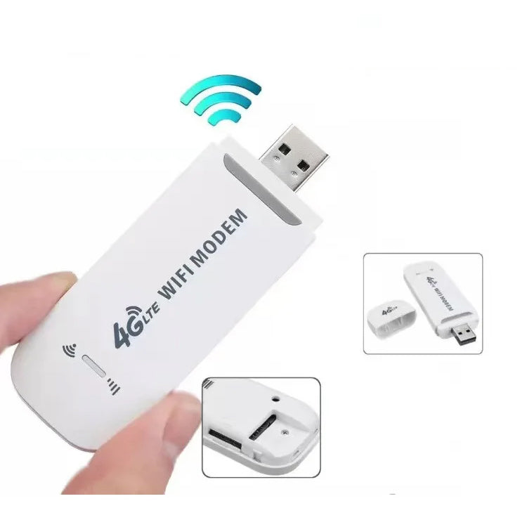 Balta USB modemo forma, lygus paviršius, su 4G LTE logotipu.