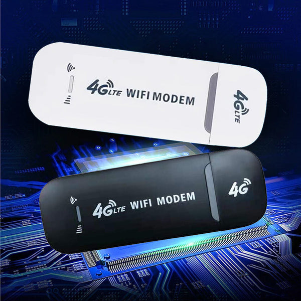 Balta ir juoda USB modemo formos, lygios tekstūros, su 4G LTE logotipu.