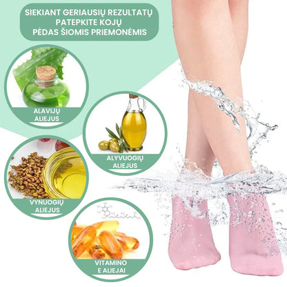 Silikoninės pėdų kojinės su alavijų, alyvuogių, vynuogių ir vitamino E aliejais