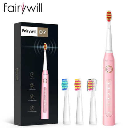 Rožinis Fairywill elektrinis dantų šepetėlis su keturiais antgaliais