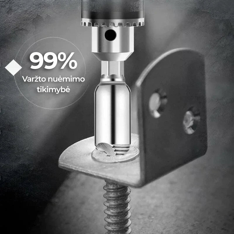 Metalinis varžto nuėmimo įrankis, blizgus, cilindro formos, tvirtai laikomas.